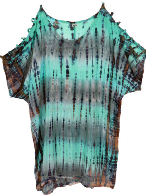 Schulterfreies Batikdress, Cold Shoulder Tunika, Strandkleid, weites Minikleid, Bigshirt